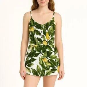 Leaf Print Romper with Yellow Accents
